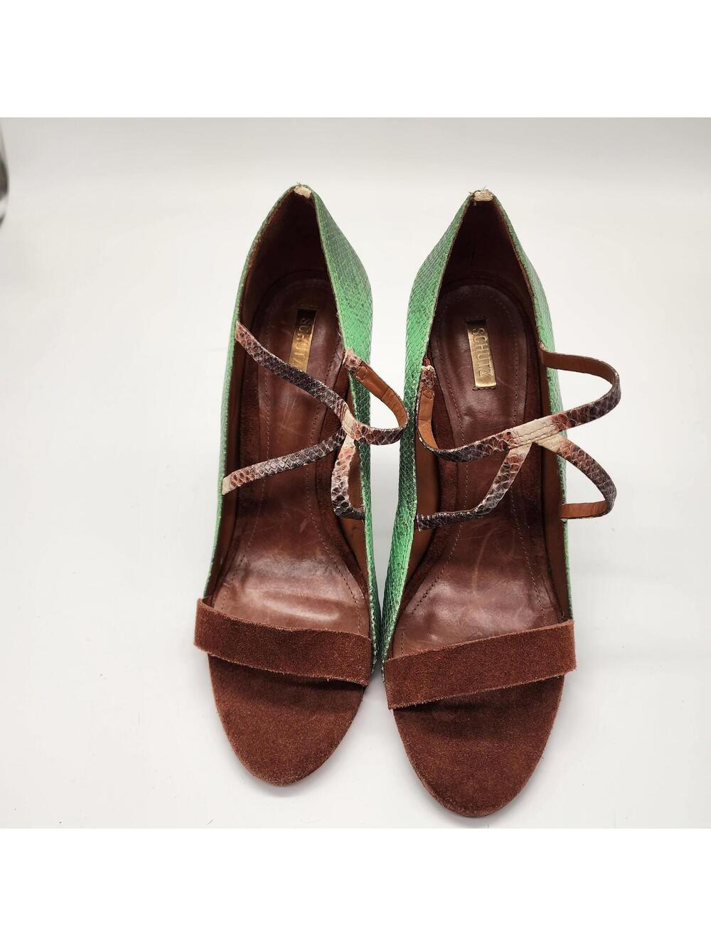 Wedge Schutz green and brown strappy snakeprint textured heels  41 10 - Picture 5 of 9